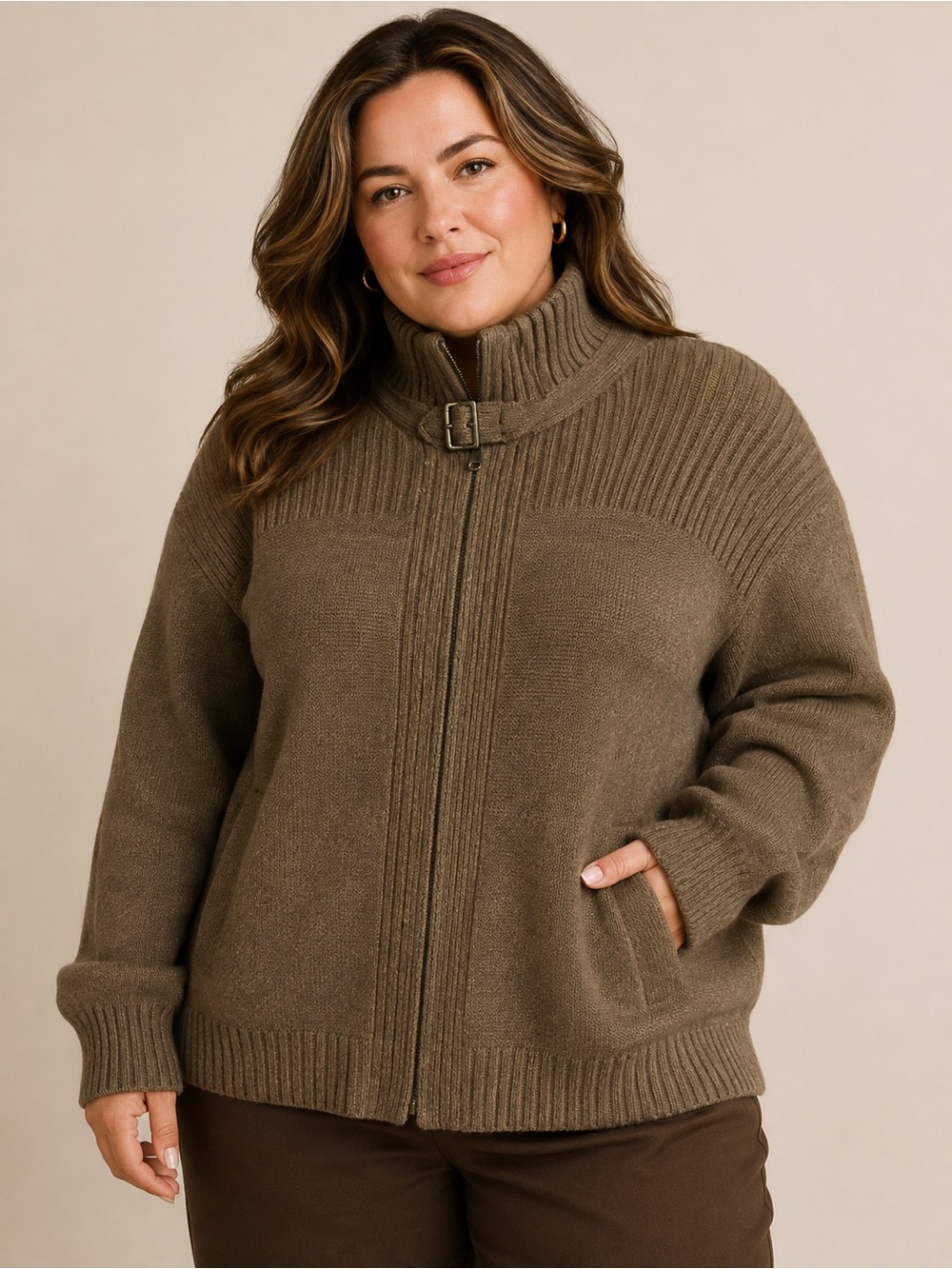 Banana Republic Extra-Fine Merino Wool Zip Taupe Brown Cardigan Sweater XL